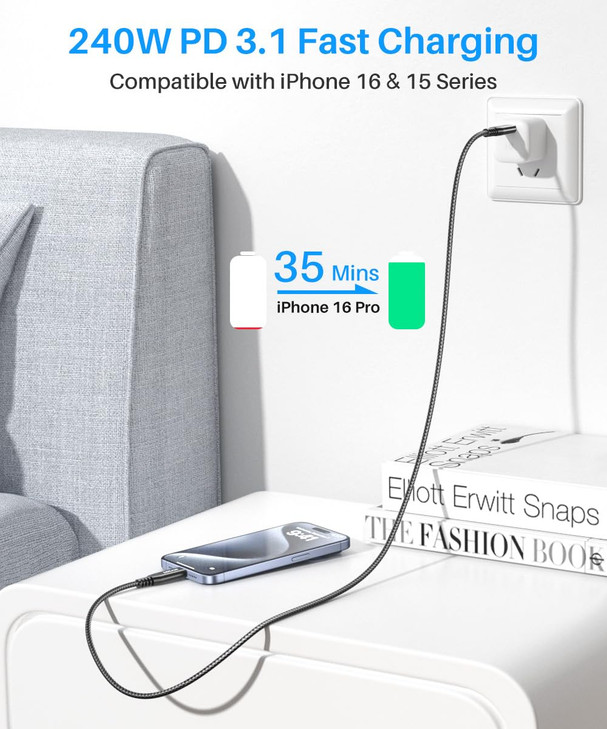 240W USB C Cable 6FT USBC to USBC Fast Charging Type C Fast Charge Cord Compatible with iPhone 171615PlusPro Max Samsung