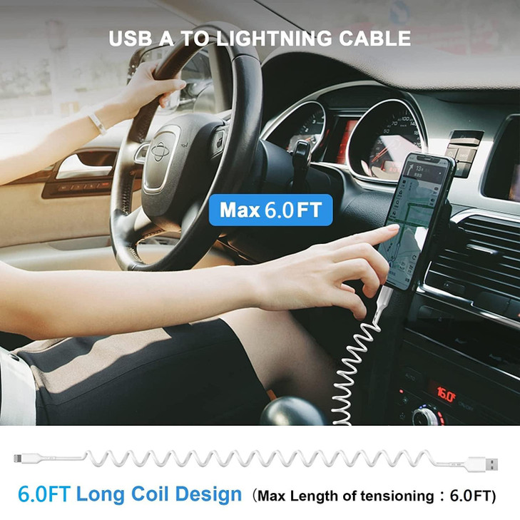 Coiled Lightning Cable 6FT iPhone Charger for Car 2 Pack Apple MFi Certified 6Feet Lightning Cable Cord Compatible for i