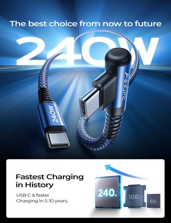 AINOPE 240W High Speed USB C Cable 10ft USBC to USBC Cable Right Angle C to C Cable Fast Charging Compatible with iPhone