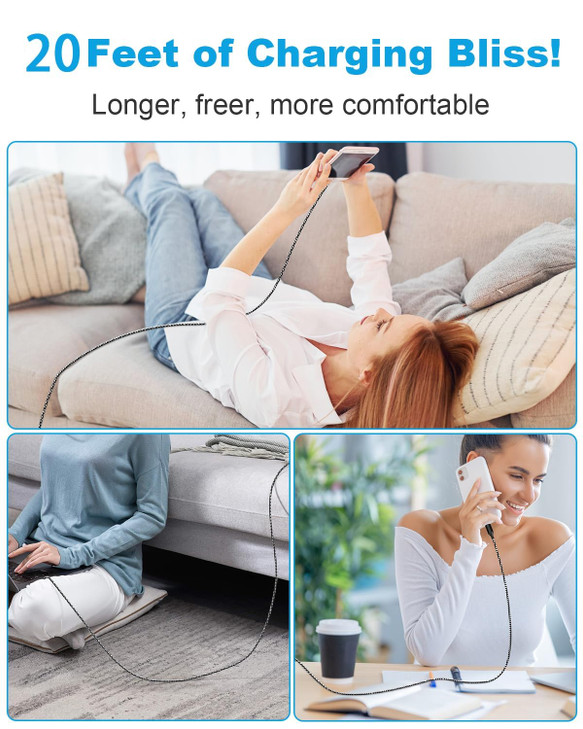 20 FT Extra Long iPhone Charger Cord Apple MFi Certified Braided iPhone Charger Fast Charging USB to Lightning Cable for