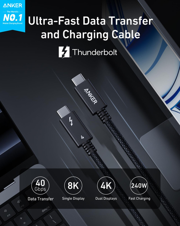 Anker Prime Thunderbolt 4 Cable 33 ft USB C to USB C Cable 240W Charging 40Gbps Data Transfer Supports 8K4K Displays for