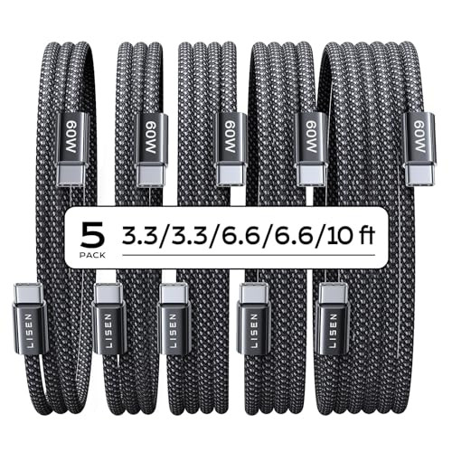 LISEN USB C to USB C Cable 5Pack 3333666610FT for iPhone 17 Charger Cord 60W C to C Cable Fast Charging for iPad iPhone