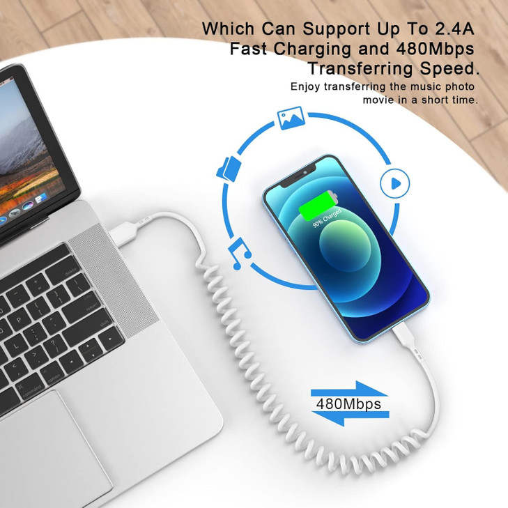 Coiled USB C Fast Charging CableApple MFi Certified Retractable 3ft 60W USB A to USB C TPE Cord Screen Data Sync Compati