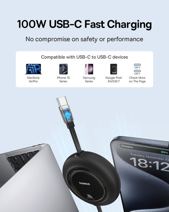 Baseus USB C to USB C Cable 100W 66ft Retractable USB C Fast Charging Cable 7Stage Length Preset Retractable Charger Cor