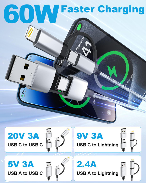 MTAKYA 20 FT iPhone Charger Cord USBC to Lightning USBC 2in1 Cable 60W Fast Charging Braided ExtraLong Charging Cable fo