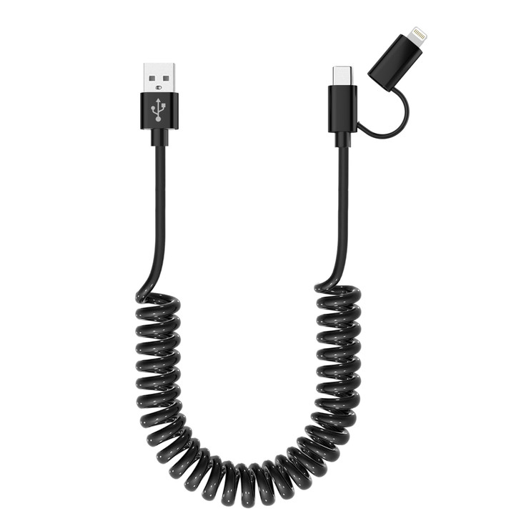 USB to USBC and Lightning Cable Combo 2 in 1 Coiled Cable Support Apple Carplay Android Auto MFi 3A Fast Charge Data Syn