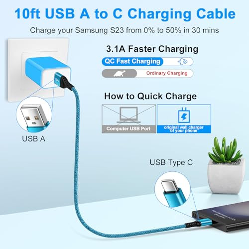 Type USB C Long Samsung S24 S23 Charger Cable 10ft 2Pack for Samsung Galaxy S25 Edge S25 Ultra A17 A16 5G A15 A25 A14 A5