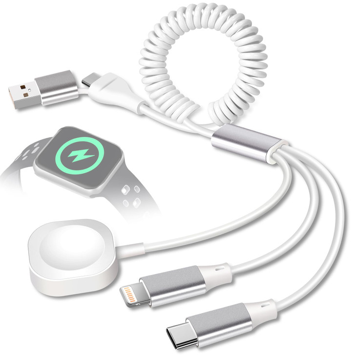 CUGUNU Coiled USBTypeC to iWatchiPhone LightningTypeC Multi Charger Cable 3in2 Retractable Multiple Car Fast Charging Co