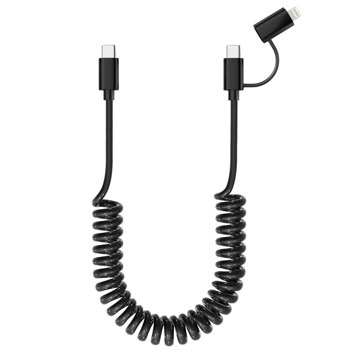 USB C Car Charger Coiled Lightning Cable 2 in 1 Lightning and USB C Cable for Apple Carplay Android Auto MFi 3A Fast Cha