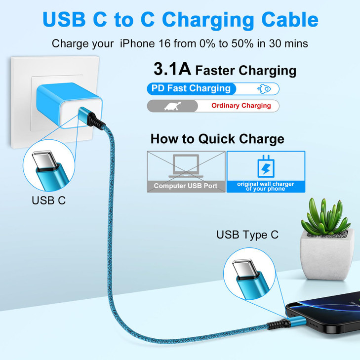 USB C Car Charger Cord Fast Charging Cable for iPhone 16 Pro Max 16 Plus 16 Pro 1615 Pro Max Plus 15 2 Pack 3FT Short Ph