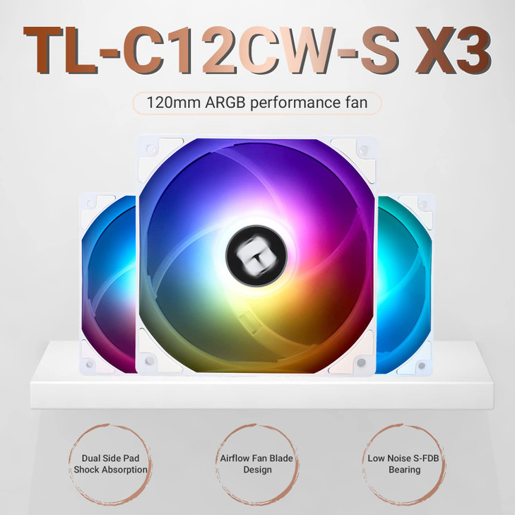 Thermalright TLC12CWS X3 CPU Fan 120mm White ARGB Case Cooler Fan up to 1550RPM Cooling Fan