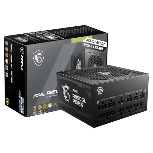 MSI MAG A850GL PCIE5 Fully Modular Compact Gaming 850W Power Supply 80 Gold ATX 31 PCIe 51 Ready Native DualColor 12V2x6