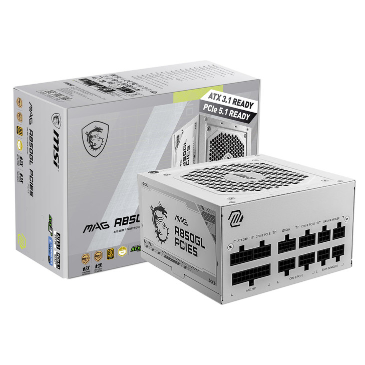 MSI MAG A850GL PCIE5 White Fully Modular Compact Gaming 850W Power Supply 80 Gold ATX 31 PCIe 51 Ready Native DualColor