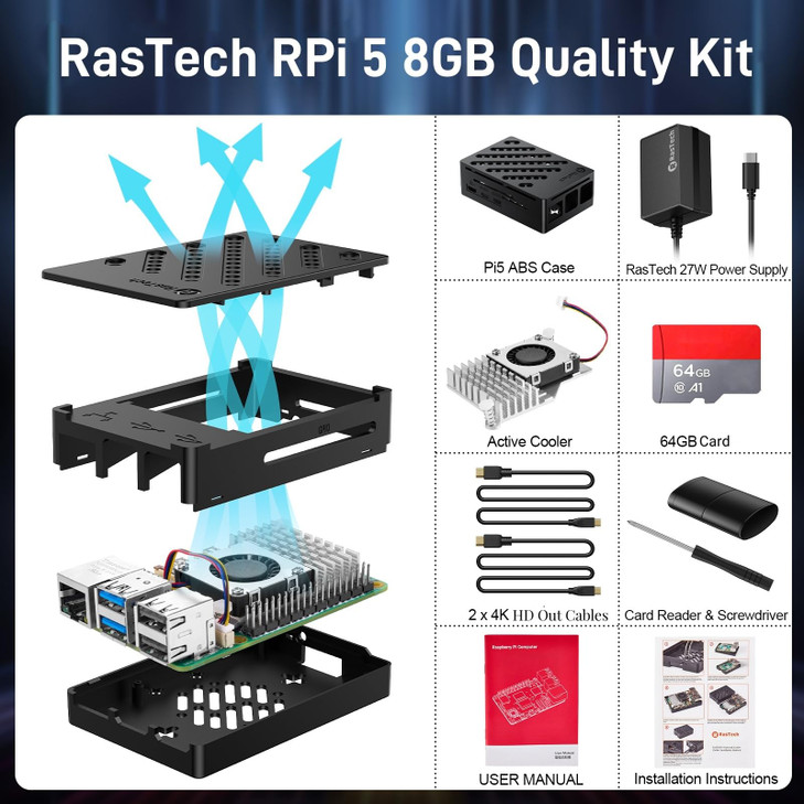 RasTech Raspberry Pi 5 8GB Kit 64GB Edition with Active Cooler27W GaN 51V5A USBC Power SupplyPi5 8GB Board64GB Card Read