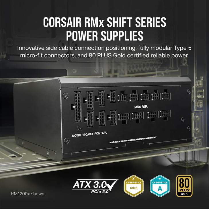 Corsair RM1200x Shift Fully Modular ATX Power Supply Side Interface ATX 31 PCIe 51 Compliant Zero RPM Fan Mode 105CRated