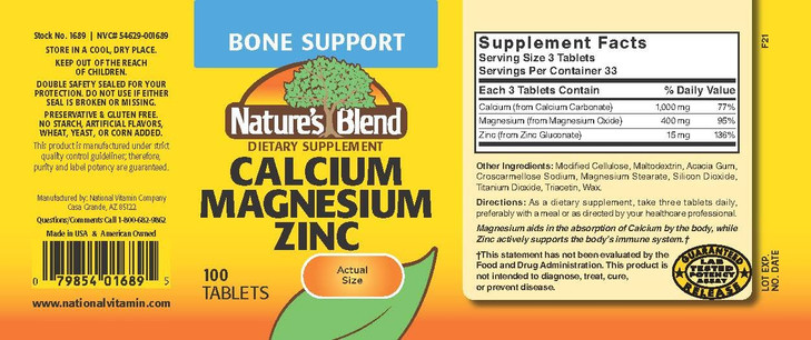 Nature's Blend Calcium Magnesium Zinc Tabs, Unflavored, 100 Count