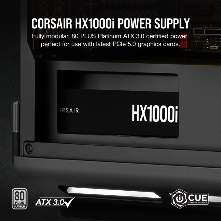 Corsair HX1000i Fully Modular UltraLow Noise ATX Power Supply ATX 31 PCIe 51 Compliant Fluid Dynamic Bearing Fan CORSAIR