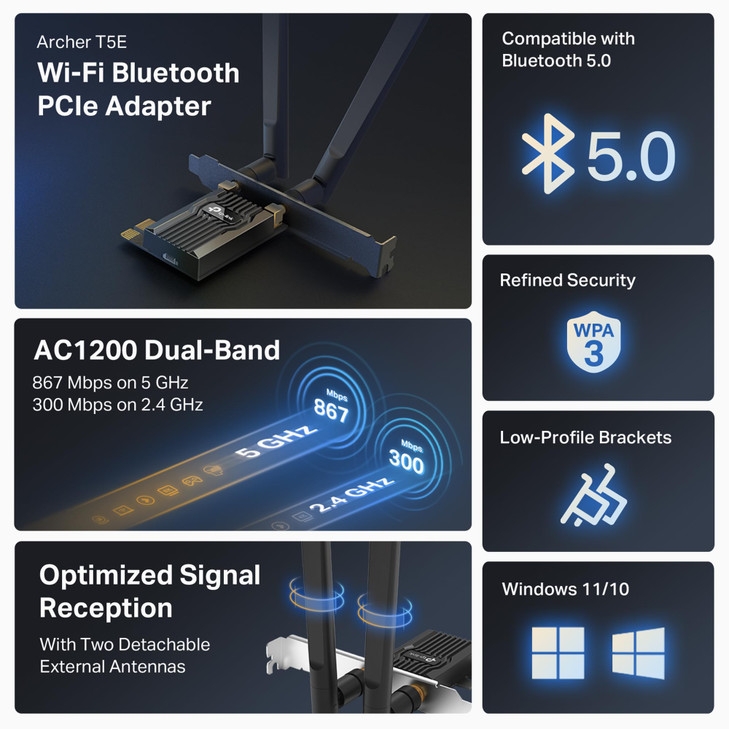 TPLink AC1200 PCIe WiFi Card for Desktop PC Archer T5E Bluetooth 50 Dual Band Wireless Network Card 24Ghz and 5Ghz for G