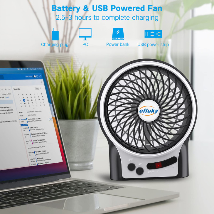 efluky 49Inch Mini Desk Fan 3 Speeds Rechargeable BatteryUSB Powered with LED Light Quiet Portable Fan for Home Office T