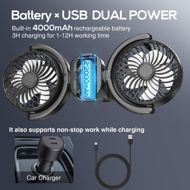Dealswin Rechargeable Car Fan for Backseat Kids Baby Battery and USB Dual Power Car Fans Powerful 3 Speeds 360 Rotatable