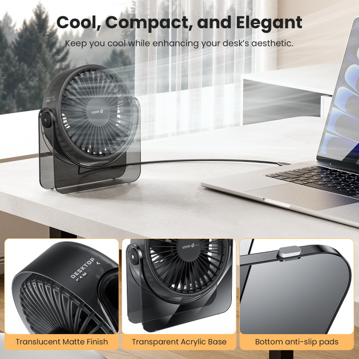 WSKEN USB Small Desk Fan Aesthetic Design Mini But Powerful Portable Ultra Quiet 3 Speeds Wind Desktop Personal Fan for