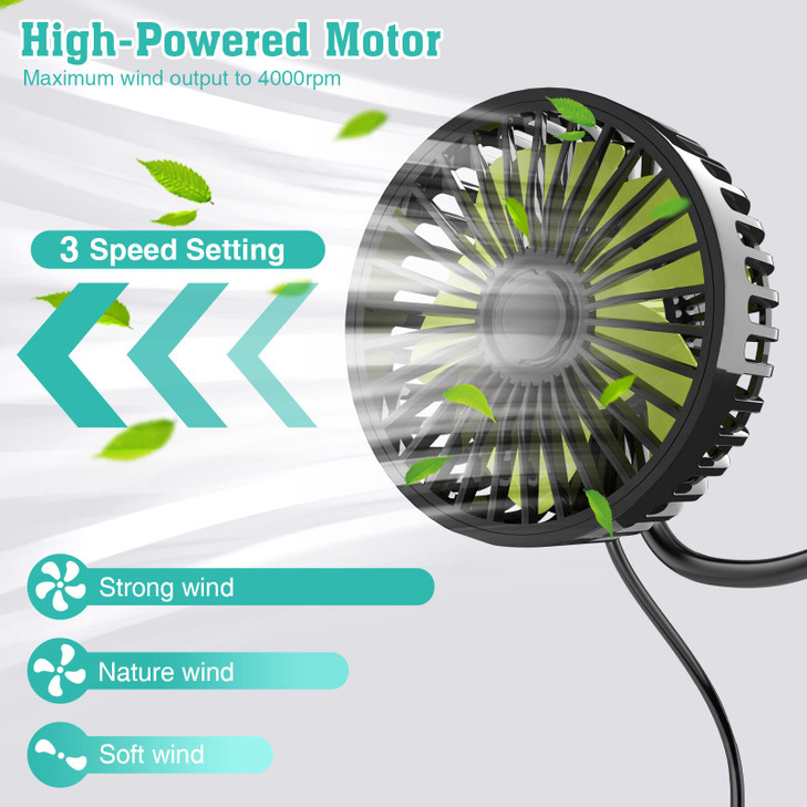 Trustnice USB Car Fan for Backseat Kids 3 Speeds Strong Wind 5V Powerful Quiet Ventilation Car Cooling Seat Fan with Adj