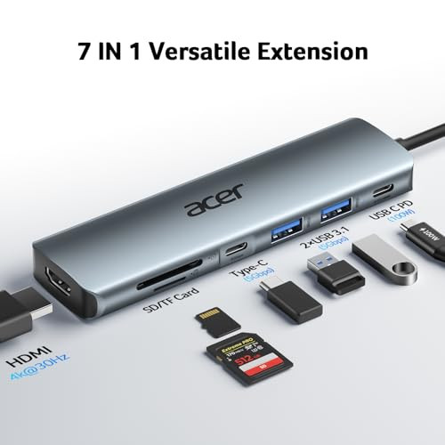 Acer USB C Hub 7 in 1 MultiPort Adapter for Laptop 4K HDMI Splitter with 2 USB A 31 TypeC to HDMI Data Port PD 100W Char
