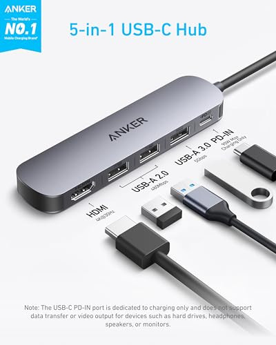 Anker USB C Hub 5in1 USB Hub for Laptops 4K HDMI Multiport Adapter with 90W Max Power Delivery USBC USBA Data Ports USB