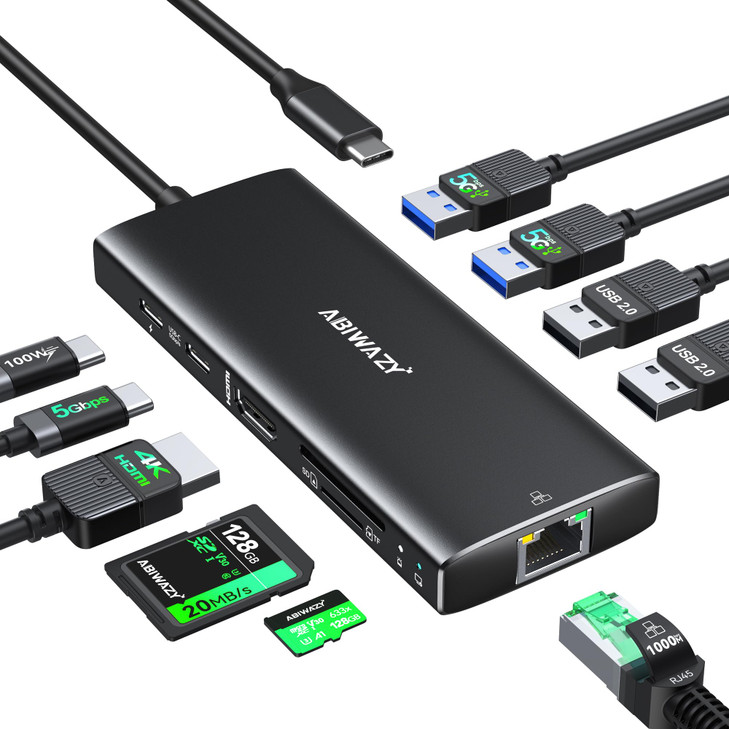 USB C Hub Multiport Adapter ABIWAZY 10 in 1 USBC to Ethernet Adapter with 4K HDMI Ethernet Gigabit 100W PD USBC Data Por