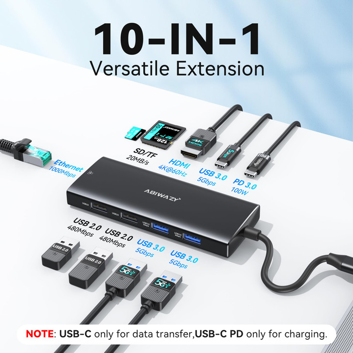 USB C Hub Multiport Adapter ABIWAZY 10 in 1 USBC to Ethernet Adapter with 4K HDMI Ethernet Gigabit 100W PD USBC Data Por