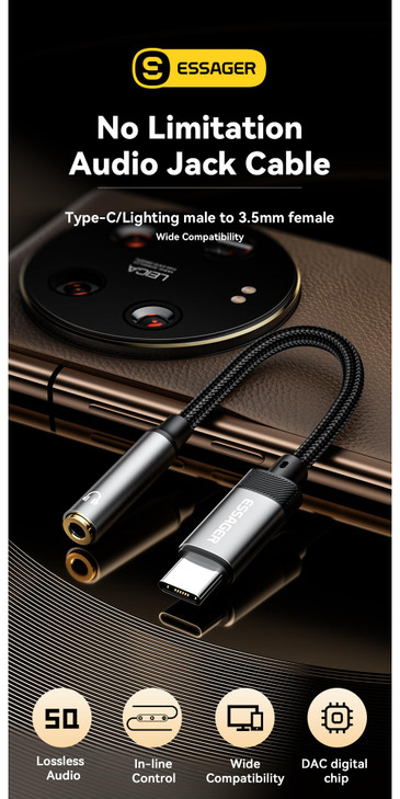 ESSAGER USB C to 35mm Audio Adapter HiRes DAC Aux Headphone Jack Female Nylon Cable for iPhone 16 Pro Max 15 Pro Max15 P
