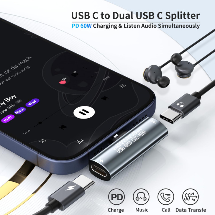 Jadebones USB C Splitter Dual USB C Headphone and Charger Adapter with PD 60W Fast Charging Compatible with iPhone 1615