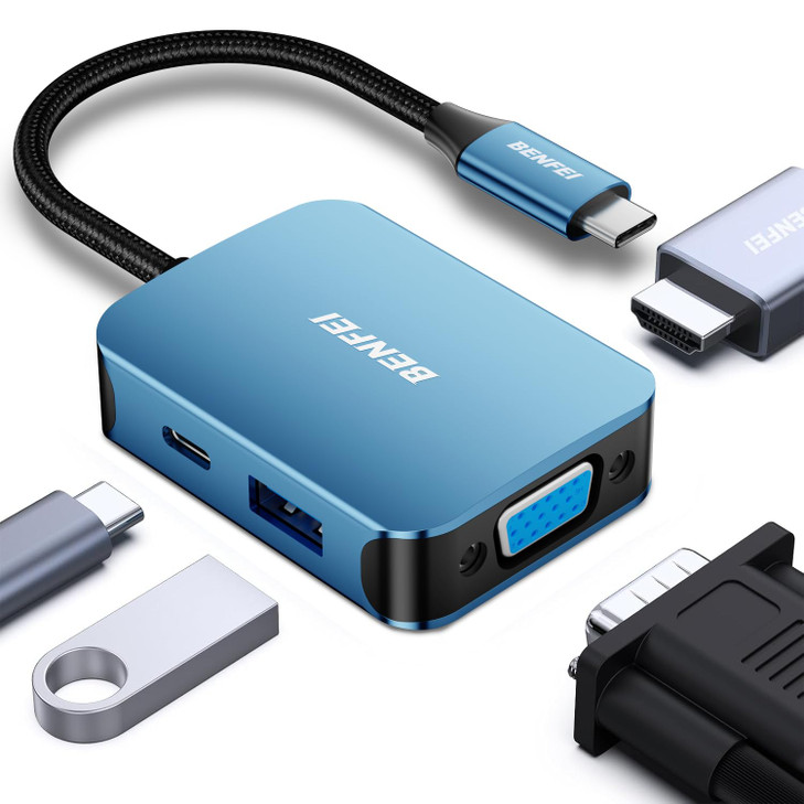BENFEI USB C HUB 4in1 USB TypeC to HDMI VGA Adapter USB C to USB Adapter USB TypeC Power Delivery Compatible with iPhone