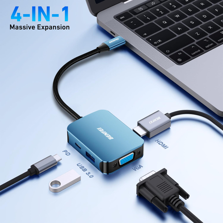 BENFEI USB C HUB 4in1 USB TypeC to HDMI VGA Adapter USB C to USB Adapter USB TypeC Power Delivery Compatible with iPhone