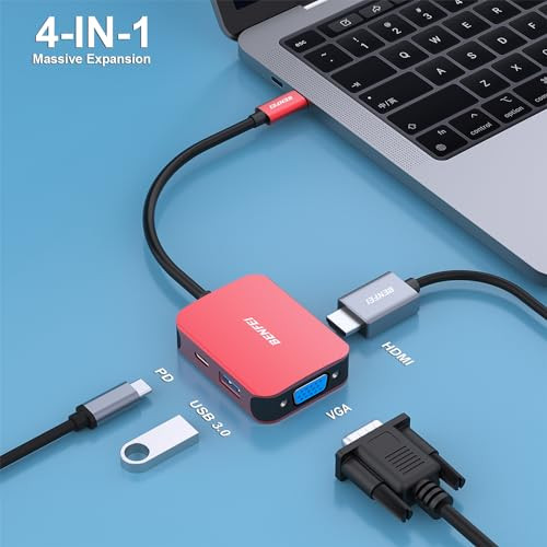 BENFEI USB C HUB 4in1 USB TypeC to HDMI VGA Adapter USB C to USB Adapter USB TypeC Power Delivery Compatible with iPhone