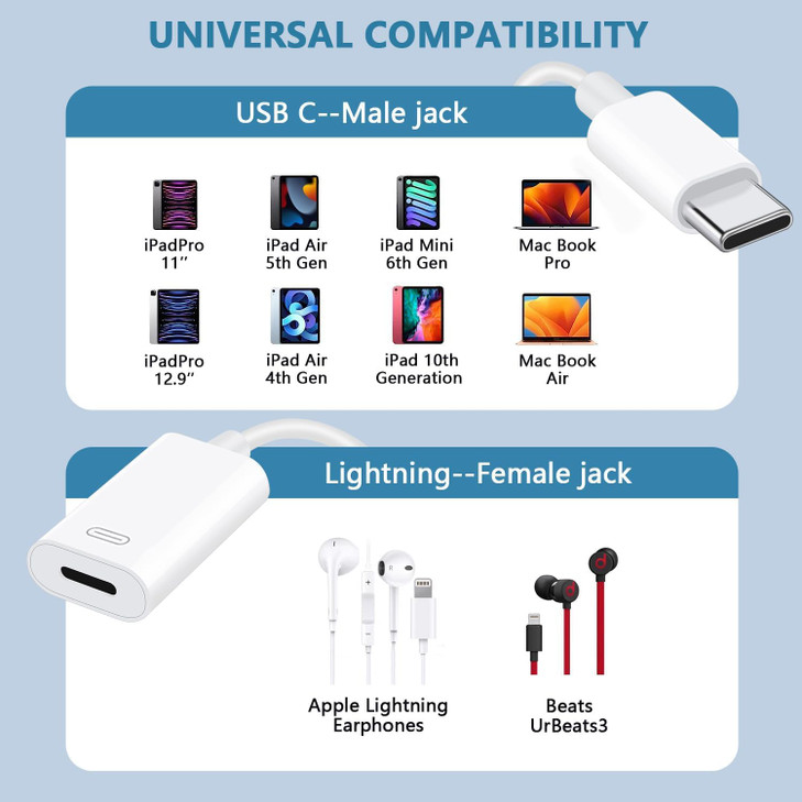 USB C to Lightning Audio Adapter USB Type C Male to Female Lightning Earphone Audio Adapter Compatible with iPhone 1616