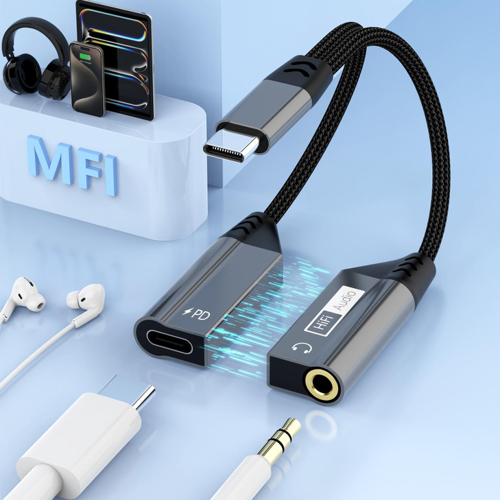Magnetic 2in1 USB C to 35mm Audio Jack Headphone and Charge Cable Adapter for Type C DevicesPD 60W Fast Charge Earphone