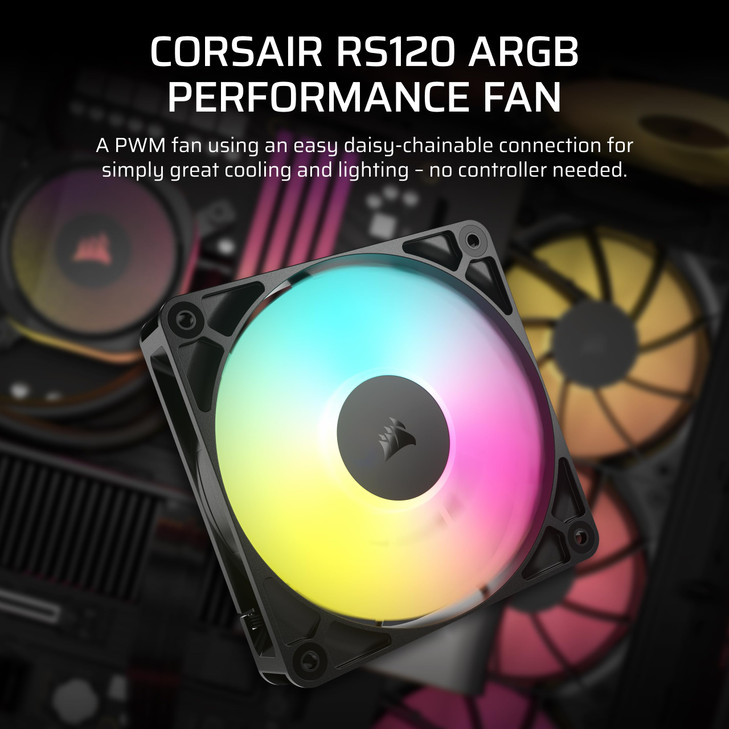 CORSAIR RS120 ARGB 120mm PWM Fan DaisyChain Connection LowNoise Magnetic Dome Bearing Single Pack Black