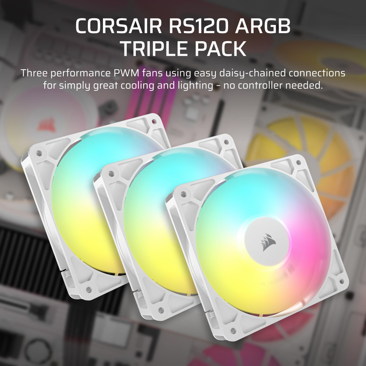 CORSAIR RS120 ARGB 120mm PWM Fans DaisyChain Connection LowNoise Magnetic Dome Bearing Triple Pack White
