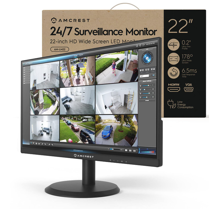 Amcrest 247 Security Camera Monitor Screen 22 inch Thin Micro Bezel Built in Speakers Compatible CCTV NVRDVR Surveillanc