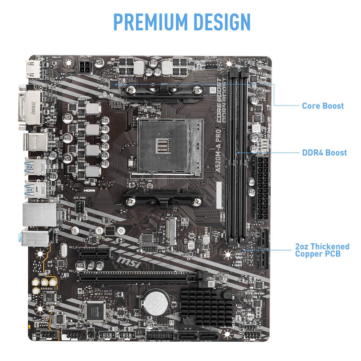 MSI A520MA PRO Gaming Motherboard AMD Ryzen 5000 AM4 DDR4 PCIe 30 SATA 6Gbs M2 USB 32 Gen 1 DVIHDMI MicroATX
