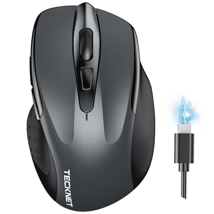 TECKNET Wireless Mouse BT5030 24G Rechargeable 4800 DPI Silent USB A Bluetooth Mouse 6 Buttons Wide Compatibility Grey