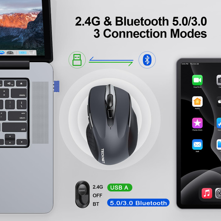 TECKNET Wireless Mouse BT5030 24G Rechargeable 4800 DPI Silent USB A Bluetooth Mouse 6 Buttons Wide Compatibility Grey