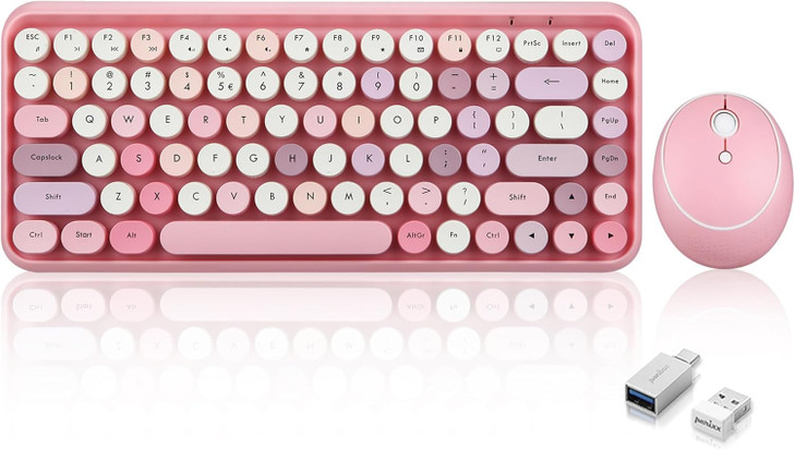 Perixx PERIDUO713 Wireless Mini Keyboard and Mouse Combo Retro Round Key Caps Pastel Pink US English Layout