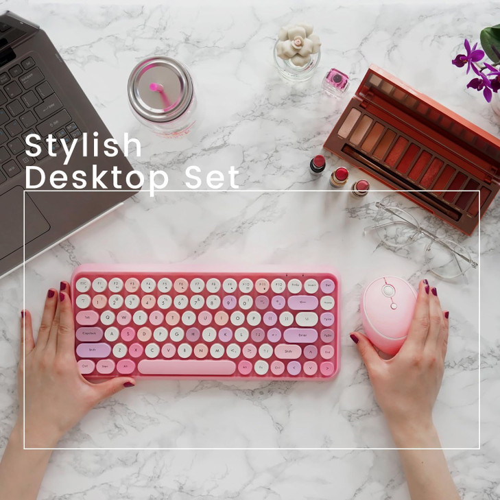 Perixx PERIDUO713 Wireless Mini Keyboard and Mouse Combo Retro Round Key Caps Pastel Pink US English Layout