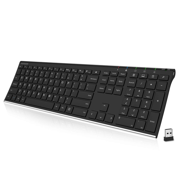 Arteck 24G Wireless Keyboard Stainless Steel Ultra Slim Full Size Keyboard with Numeric Keypad for ComputerDesktopPCLapt