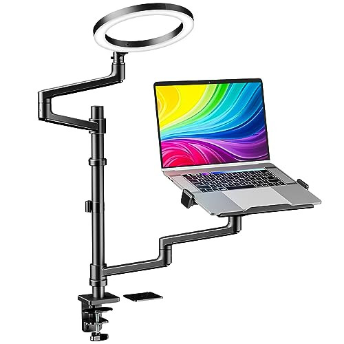 WALI Laptop Desk Mount Laptop Stand for Desk with 10 LED Ring Light 3 Color10Brightness Height Adjustable Monitor Stand