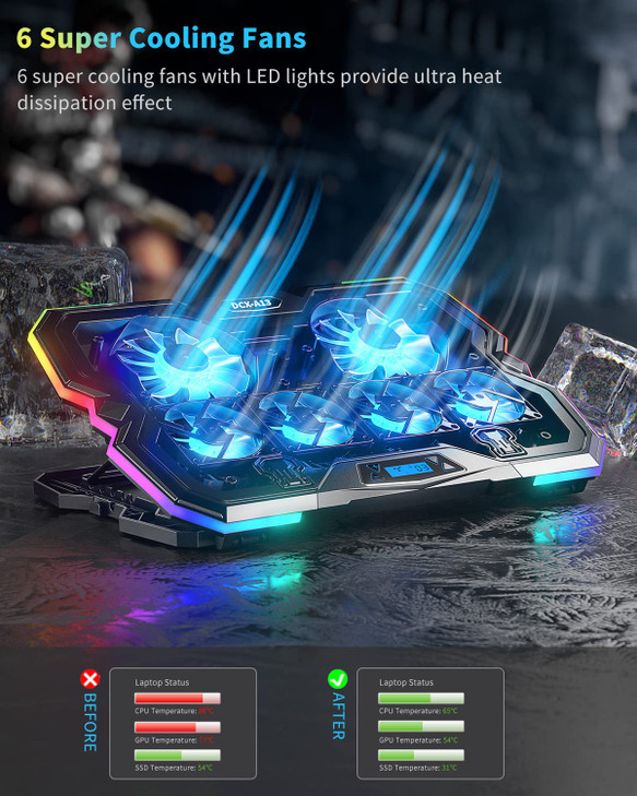 KeiBn Upgrade Laptop Cooling Pad A13RGB Lights Laptop Cooler 6 Fans for up to 156 Inch Laptops10 Modes Light 7 Height St