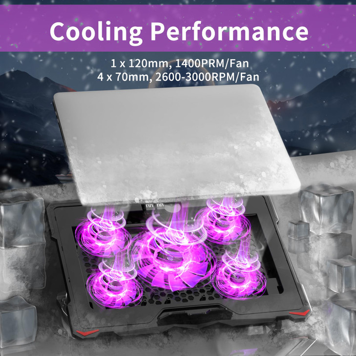 AICHESON Laptop Cooling Pad for 156 to 173 Inches PC Notebooks 5 Fans Computer Cooler Stands with Purple Lights Desk Chi
