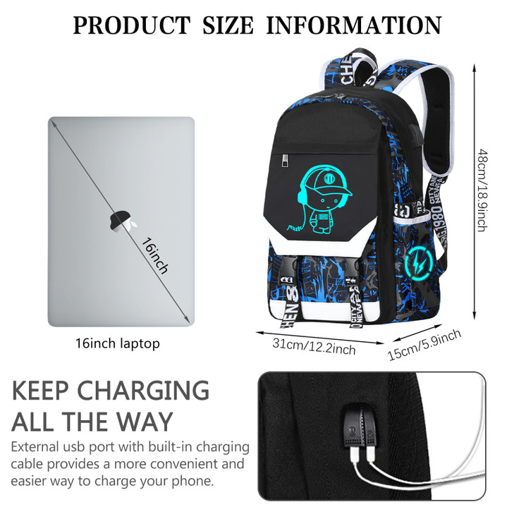RM Family School Backpack for Boys Print Backpack Teenagers Anime Large School Bag Outdoor Reflective DaypackLuminous Pa